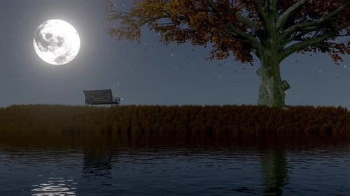 Autumn Night Riverside Scene with Full Moon and Falling Leaves