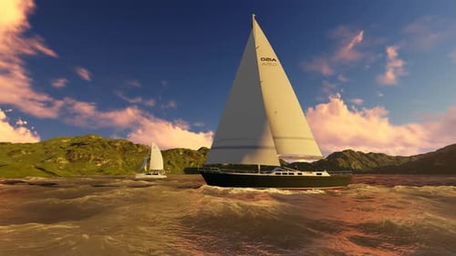 Animated Sailboat Navigating Choppy Ocean at Sunset