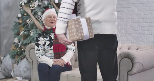 Elderly Couple Exchanging Christmas Gifts