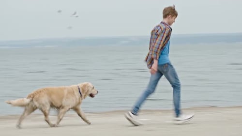 Boy and Dog Walking Along Beach