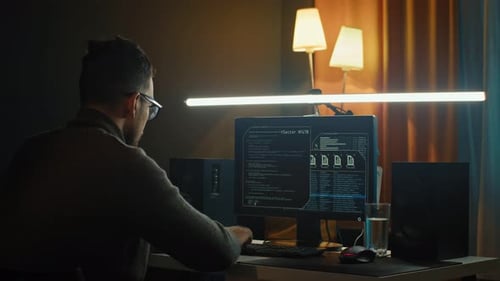 Rückansicht eines professionellen Hackers, der Cyberangriffe auf das Netzwerk der Bank durchführt
