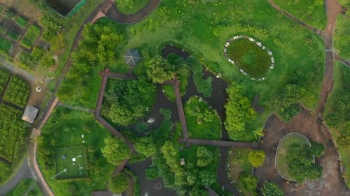Aerial Shot of a Beautiful Park with Green Lawns and Small River