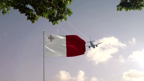 Malta Flag Waving With Airplane Flying Over Cityscape