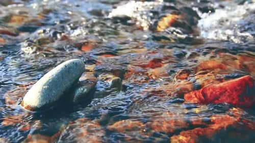 Dolly Slider Shot of the Splashing Water in a Mountain River Near Forest