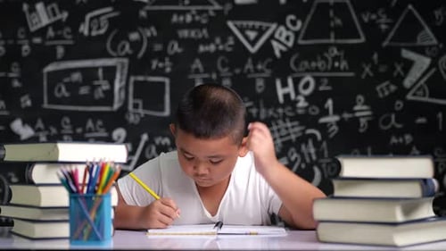 Focused Boy Writing in School Classroom