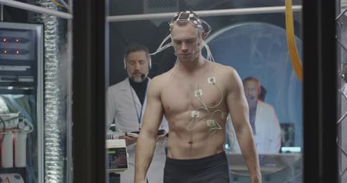 Man Wired with Sensors in Futuristic Lab
