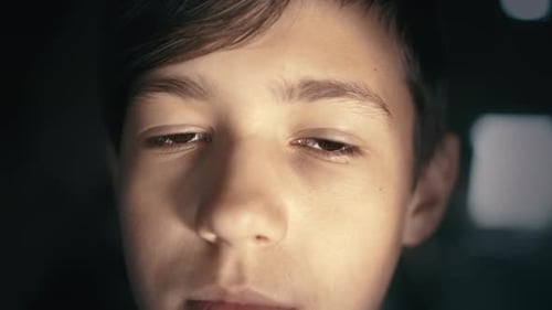 Clever Brown Eyes Boy Looking at the Camera Close Up