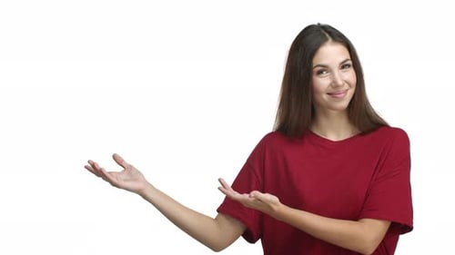 Smiling Woman Gesturing to the Left