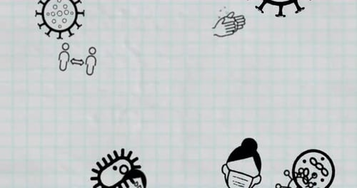 Coronavirus cells mask lungs social distancing floating black icons