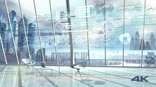 Large Array Of Infographics On A Business Center Background 4K