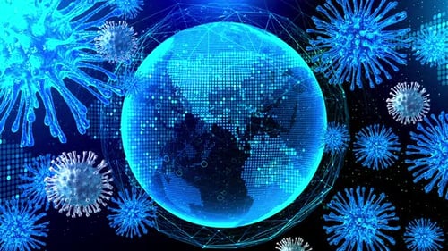 Animated Digital Globe with Viruses Spreading Across Global Network