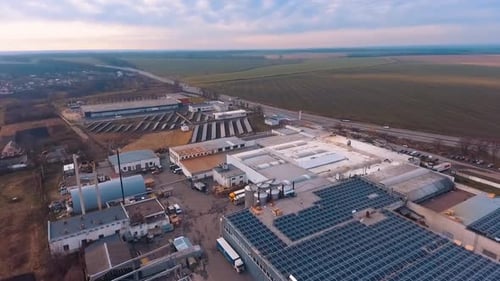 Industrial Complex with Solar Panels, Aerial View