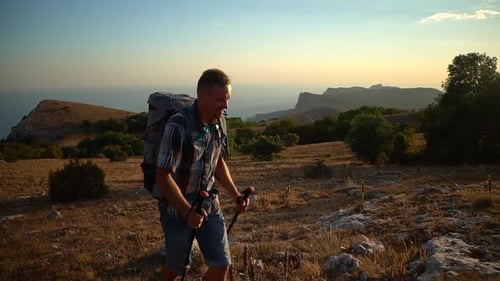 Happy Motivated Man Trekking on Mountain Hike Travel By Black Sea Spbd