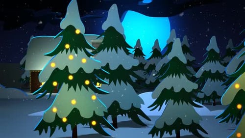 Animated Merry Christmas Greeting with Snowy Forest and Cabin