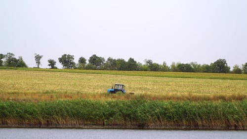 Traktorfahrten auf dem Feld. Das Feld liegt in der Nähe des Sees