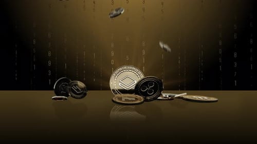 Falling Golden Cryptocurrency Coins on Reflective Digital Background