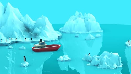 Animated Low Poly Arctic Scene with Boat and Penguins