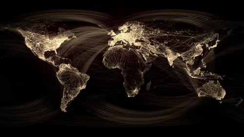 Las líneas de red iluminan el mapa mundial dorado. Utilícelo como mapa de textura o proyección de alta resolución.