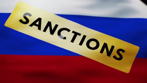 Sanctions Label on Waving Russian Flag