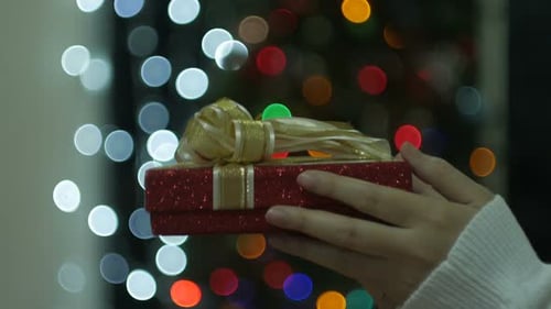 Holding Christmas Gift Box With Festive Lights