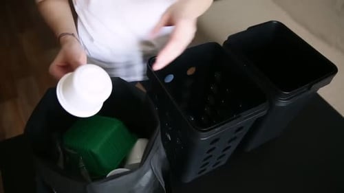 Person Sorting Recyclables in Bins at Home
