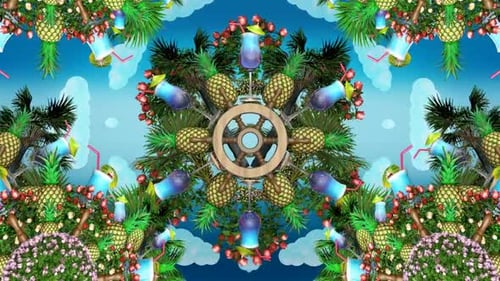 Tropical Kaleidoscope Background with Rotating Fruit and Cocktails