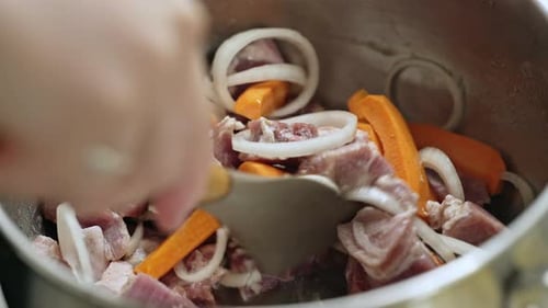 Preparing meat, onions, and carrots in metal pot
