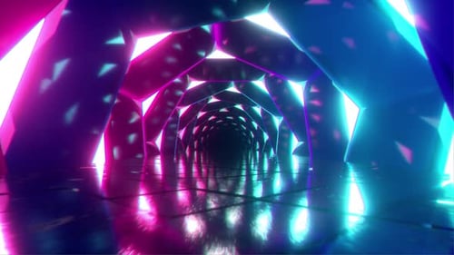 Abstract Neon Geometric Tunnel Flythrough Background