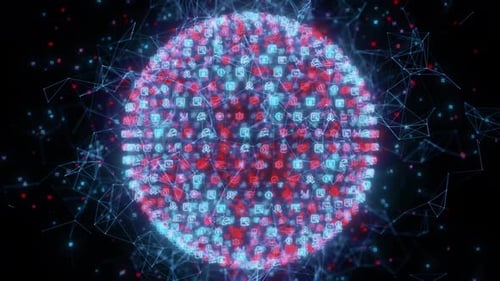 Futuristic Digital Sphere with Data Icons and Network Connections