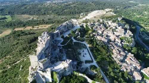 Village of Les Baux-de-Provence in Bouches-du-Rhone in France from the sky