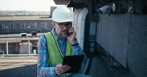Ingenieur koordiniert per Telefon die Überwachungskamera