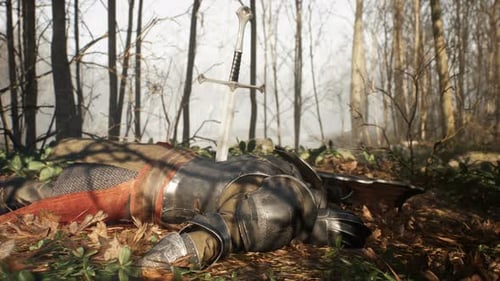 Fallen Knight Armor and Sword in Medieval Forest