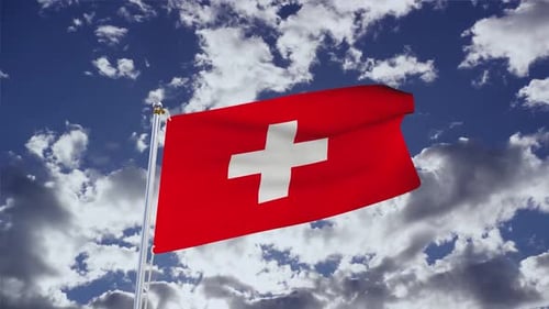 Waving Swiss Flag Against Cloudy Blue Sky