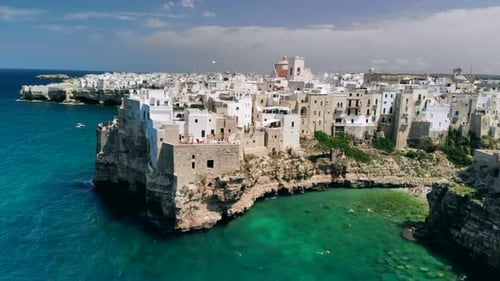 Aerial View of Sea From Polignano a Mare and Beach with Tourists, Puglia, Italy