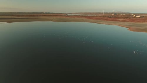 Aerial View of Lake with Birds and Distant Windmills