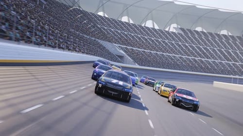 Race Car Speeding Along The Curve Racetrack on stadium during sport event. 4K