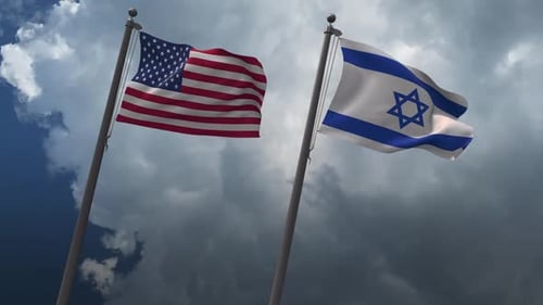 United States and Israel Flags Waving in Cloudy Sky