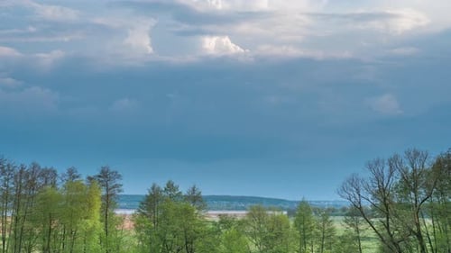 Clouds Forming Over Trees, Green Field and Swamp. Spring