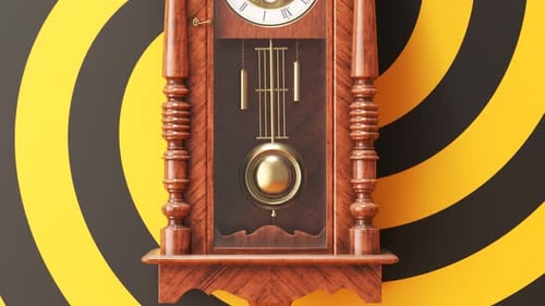 Vintage, wooden, pendulum clock hanging on a colorful spinning wall. 4KHD
