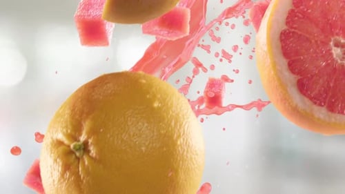 Pomelo con rodajas cayendo sobre fondo de cocina