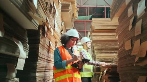 Afroamerikanische Arbeiterin und Kollegin inspizieren das Papierlager.