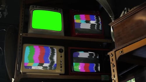 Retro TVs Green Screen and Color Bars.