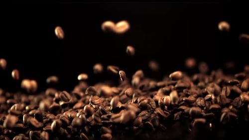 Roasted Coffee Beans Falling in Slow Motion