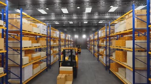 Rendu 3D. Entrepôt avec des boîtes en carton à l'intérieur sur des rayonnages à palettes.