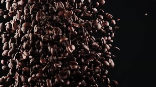 Von unten nach oben fliegen viele schwarz geröstete Kaffeebohnen auf einem schwarzen Hintergrund