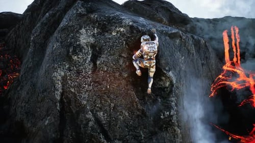 Futuristic Robot Climbs Volcanic Cliff in a Dangerous Landscape