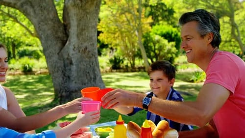 Happy family having juice in park 4k