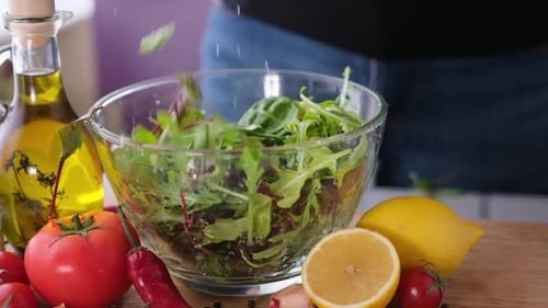 Preparing Healthy Fresh Salad at Home in Kitchen
