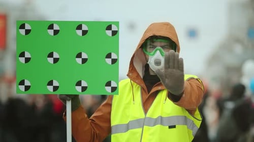 Man Gas Mask Hand Gesture. Stop Environmental Pollution. People Looking Camera