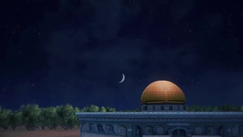 Night Mosque Fly-Through with Crescent Moon for Ramadan